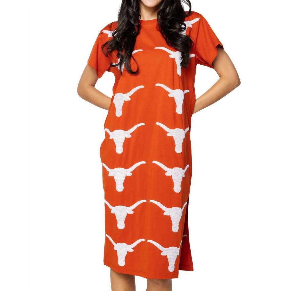QUEEN OF SPARKLES Orange Midi Dress with White Longhorn Print